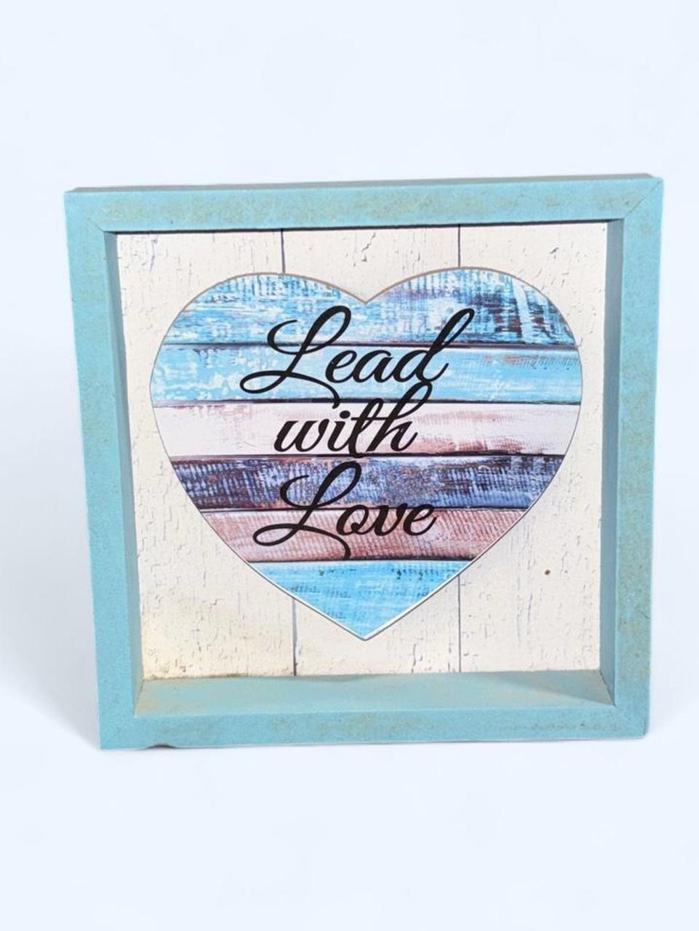 blue and white wooden heart frame room decor